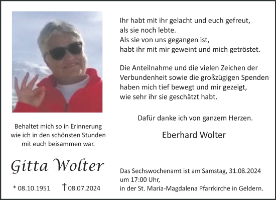 Traueranzeige von Gitta Wolter von NNA