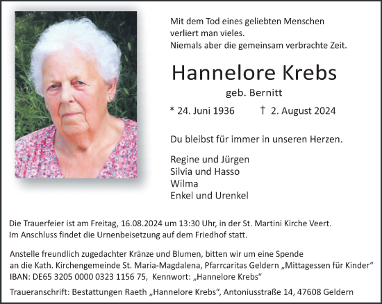 Traueranzeige von Hannelore Krebs von NNA