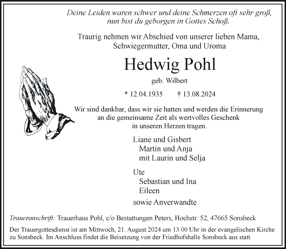  Traueranzeige für Hedwig Pohl vom 17.08.2024 aus NNA