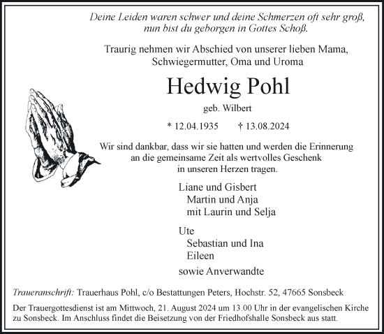 Traueranzeige von Hedwig Pohl von NNA