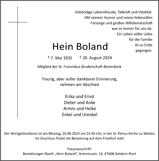 Traueranzeige von Hein Boland von NNA