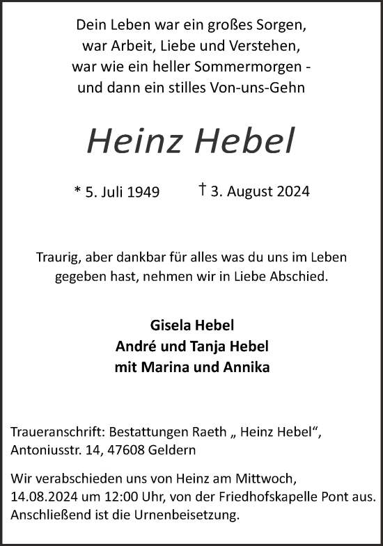 Traueranzeige von Heinz Hebel von NNA