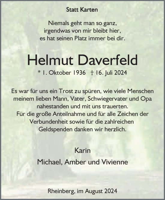 Traueranzeige von Helmut Daverfeld von NNA