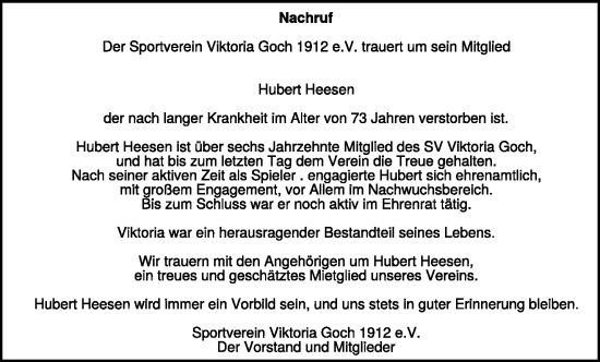 Traueranzeige von Hubert Heesen von NNA