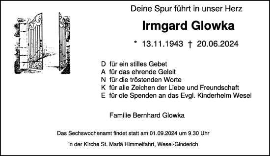 Traueranzeige von Irmgard Glowka von NNA