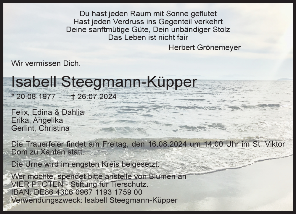  Traueranzeige für Isabell Steegmann-Küpper vom 10.08.2024 aus NNA