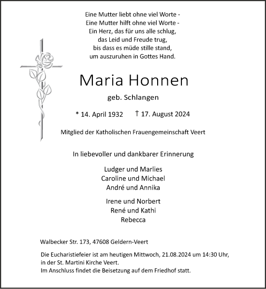 Traueranzeige von Maria Honnen von NNA