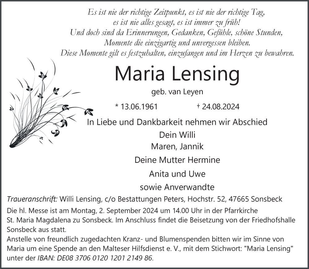  Traueranzeige für Maria Lensing vom 31.08.2024 aus NNA