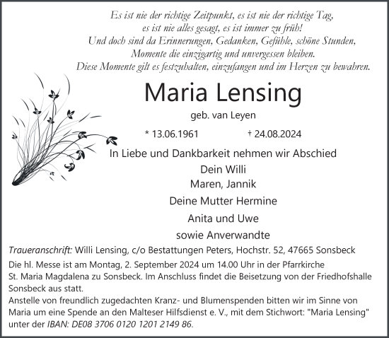 Traueranzeige von Maria Lensing von NNA