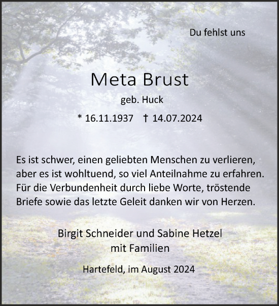 Traueranzeige von Meta Brust von NNA