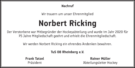 Traueranzeige von Norbert Ricking von NNA