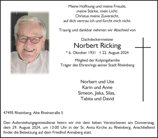 Traueranzeige von Norbert Ricking von NNA