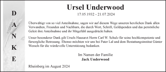 Traueranzeige von Ursel Underwood von NNA