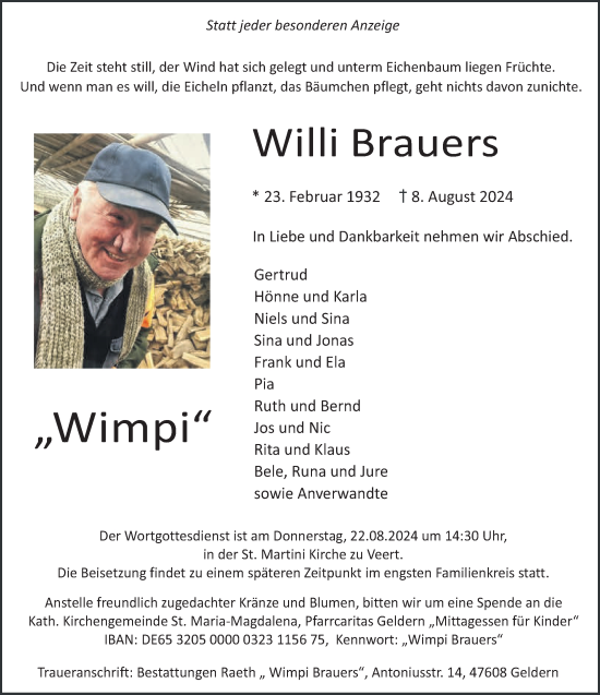 Traueranzeige von Willi Brauers von NNA