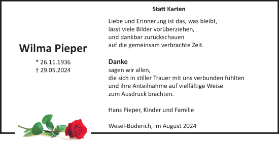 Traueranzeige von Wilma Pieper von NNA