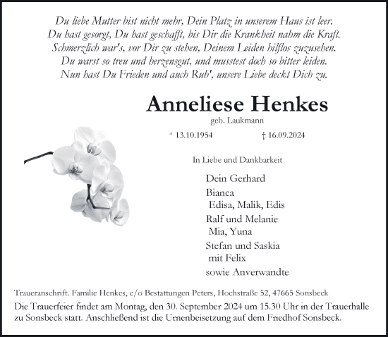 Traueranzeige von Anneliese Henkes von NNA