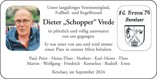 Traueranzeige von Dieter Vrede von NNA