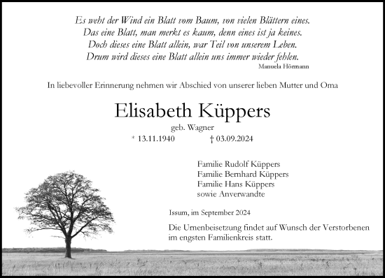 Traueranzeige von Elisabeth Küppers von NNA