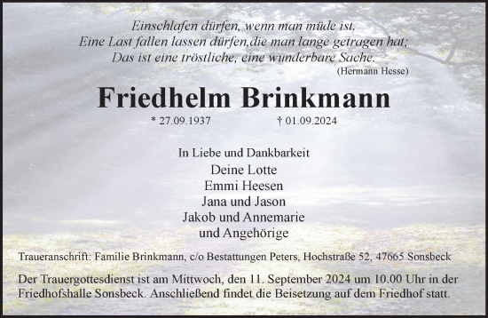 Traueranzeige von Friedhelm Brinkmann von NNA