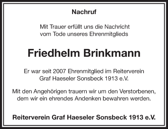 Traueranzeige von Friedhelm Brinkmann von NNA