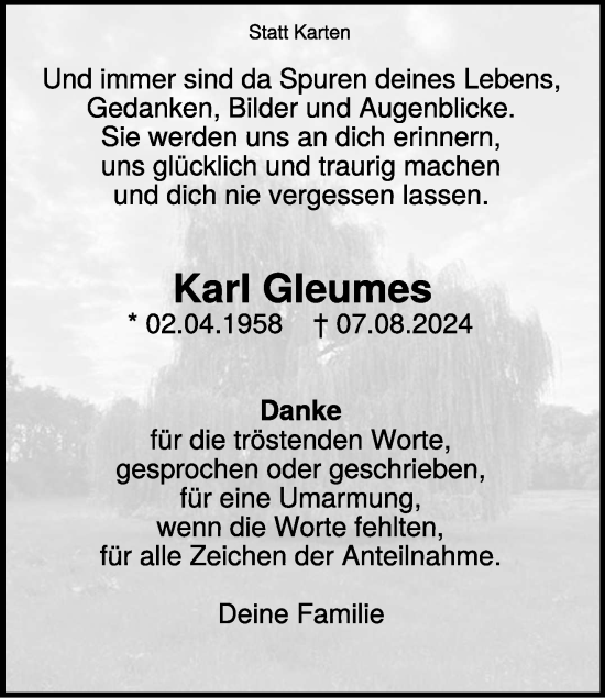 Traueranzeige von Karl Gleumes von NNA