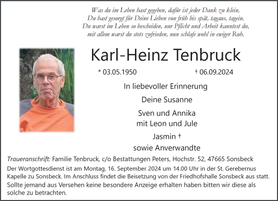 Traueranzeige von Karl-Heinz Tenbruck von NNA