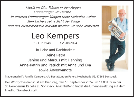 Traueranzeige von Leo Kempers von NNA