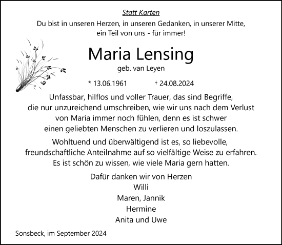 Traueranzeige von Maria Lensing von NNA