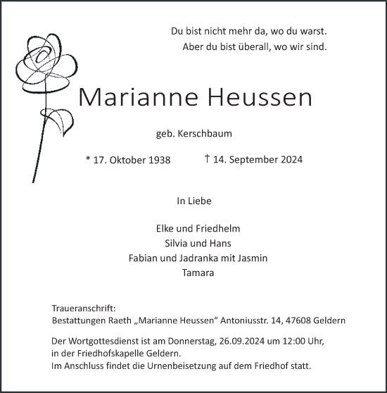 Traueranzeige von Marianne Heussen von NNA