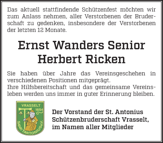 Traueranzeige von Nachruf St. Antonius Schützenbruderschaft Vrasselt von NNA