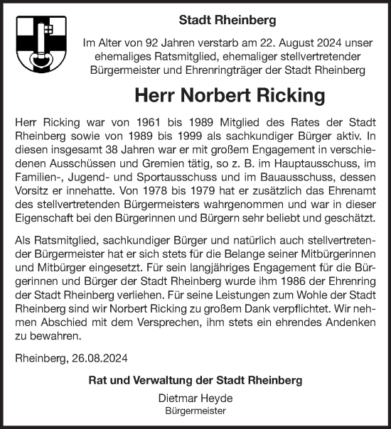 Traueranzeige von Norbert Ricking von NNA