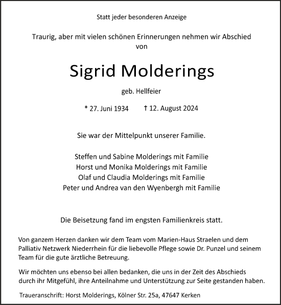 Traueranzeige von Sigrid Molderings von NNA