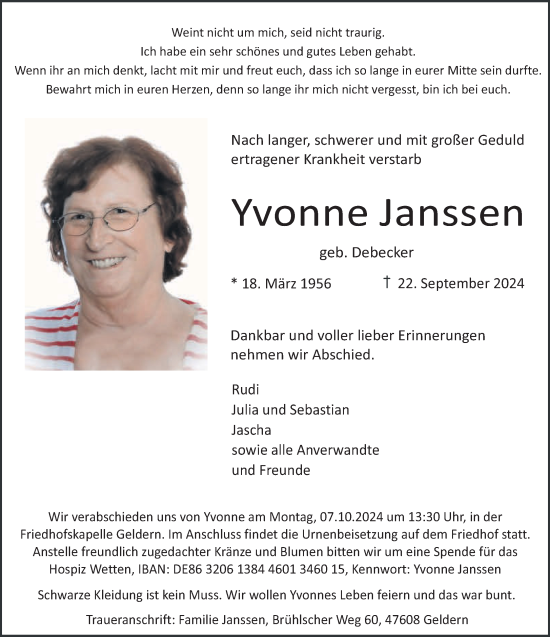 Traueranzeige von Yvonne Janssen von NNA