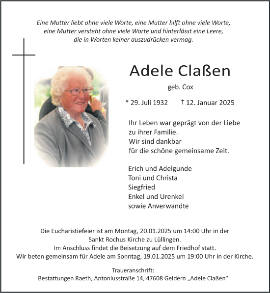 Traueranzeige von Adele Claßen von NNA