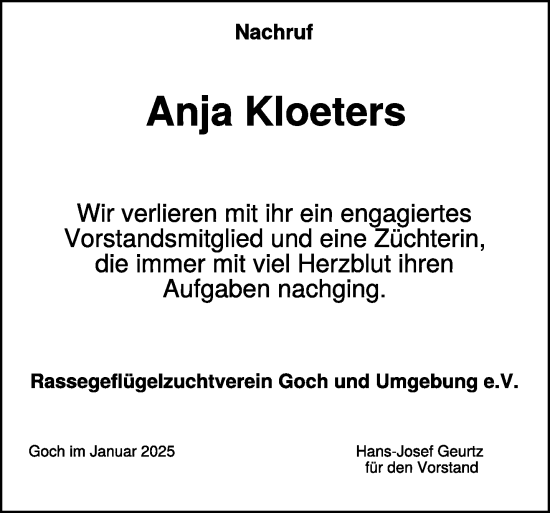 Traueranzeige von Anja Kloeters von NNA