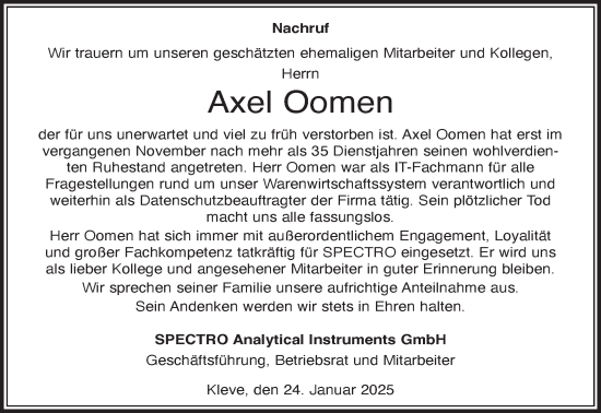 Traueranzeige von Axel Oomen von NNA