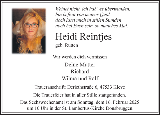 Traueranzeige von Heidi Reintjes von NNA