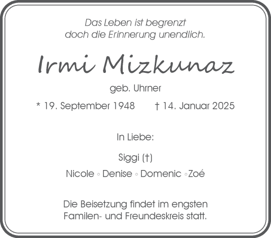 Traueranzeige von Irmi Mizkunaz von NNA