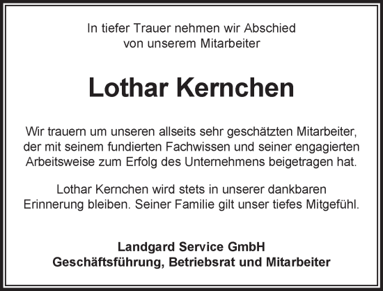 Traueranzeige von Lothar Kernchen von NNA