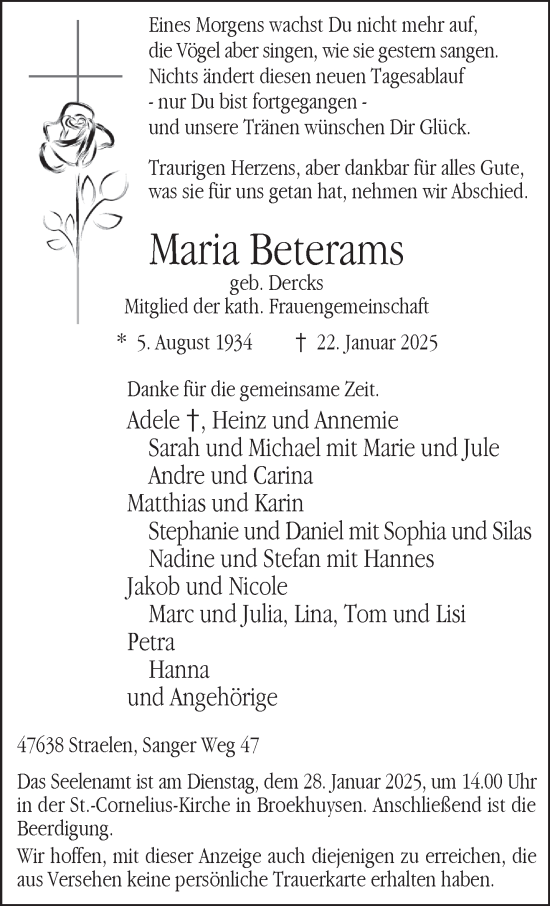 Traueranzeige von Maria Beterams von NNA