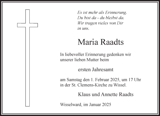 Traueranzeige von Maria Raadts von NNA