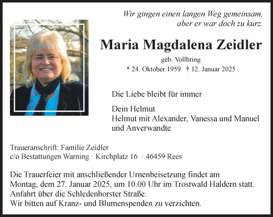 Traueranzeige von Maria Magdalena Zeidler von NNA