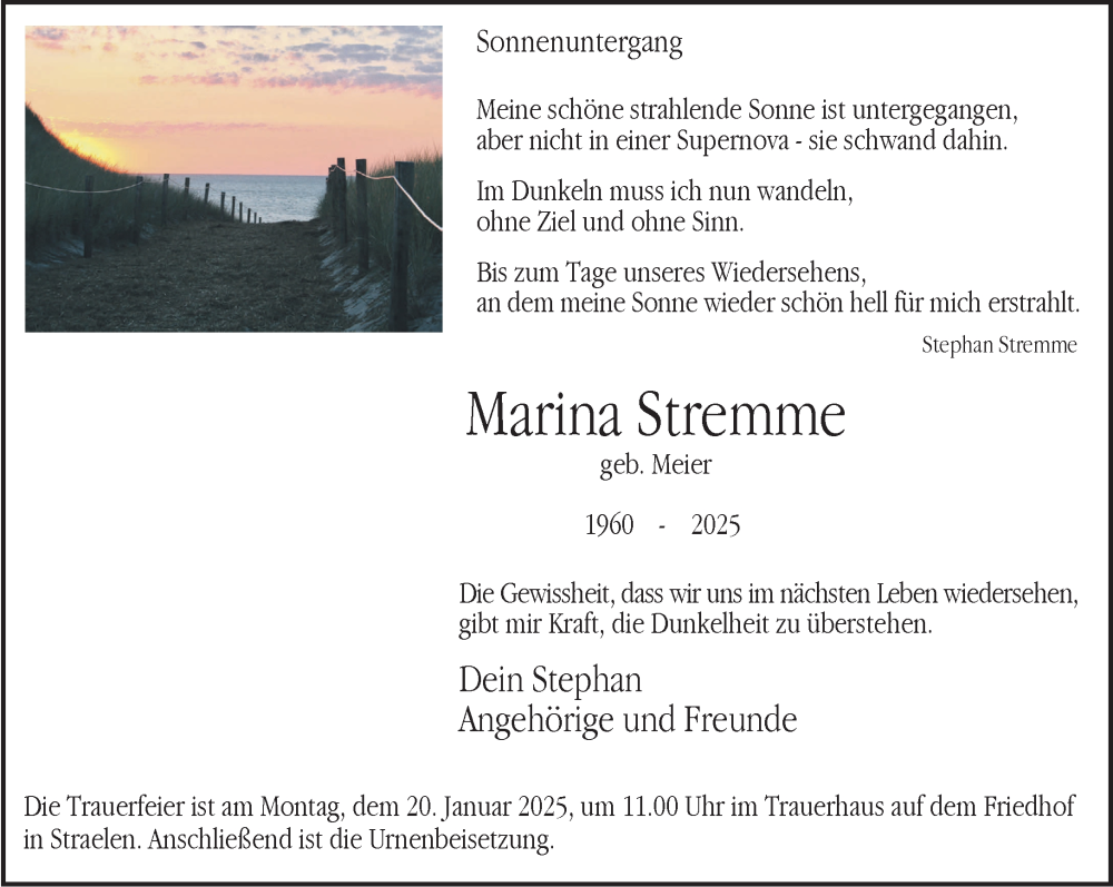  Traueranzeige für Marina Stremme vom 11.01.2025 aus NNA