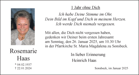 Traueranzeige von Rosemarie Haas von NNA