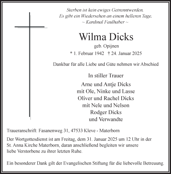 Traueranzeige von Wilma Dicks von NNA