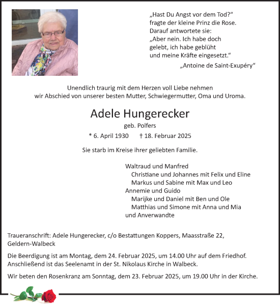 Traueranzeige von Adele Hungerecker von NNA