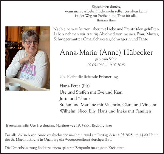 Traueranzeige von Anna-Maria Hübecker von NNA