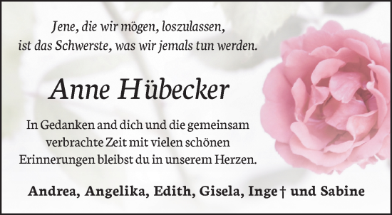 Traueranzeige von Anne Hübecker von NNA