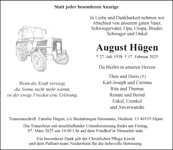 Traueranzeige von August Hügen von NNA