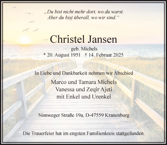 Traueranzeige von Christel Jansen von NNA